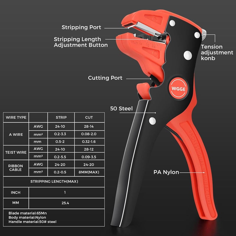 WGGE Automatic Wire Stripper and Cutter, 2 IN 1 Wire Stripper Tool, Adjustable 10-24 AWG Electrical Cable Wire Stripping Tool for Electronic and Automotive Repair, Eagle Nose Pliers (7-Inch) - Image 5